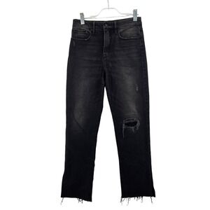 Good American High Rise Straight Leg Jeans Black Distressed Raw Hem Size 6 28
